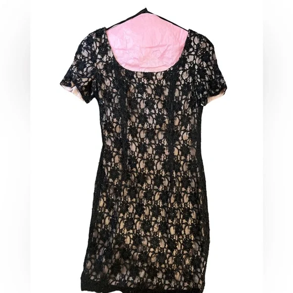 Jovani black lace sequin dress with nude lining, short sleeves Sz 4 - Picture 1 of 2